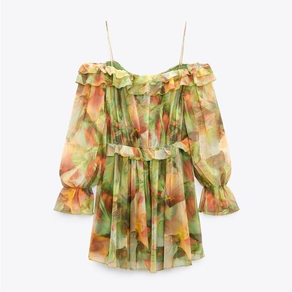 ZARA BLOGGER FAVORITE PRINTED TULLE DRESS GREEN - Picture 13 of 15
